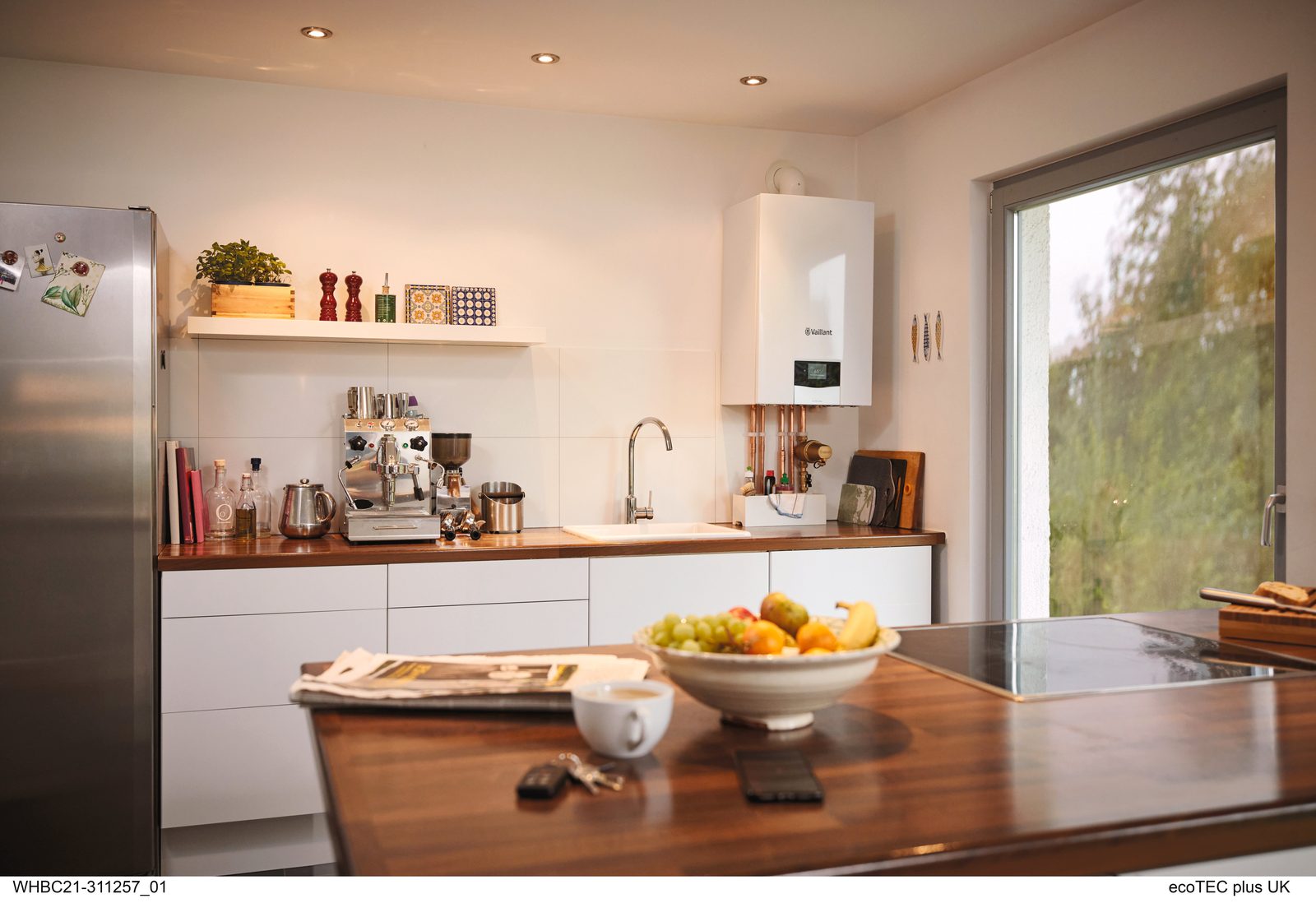 Vaillant ecoTEC plus boiler installed discreetly in a fitted kitchen